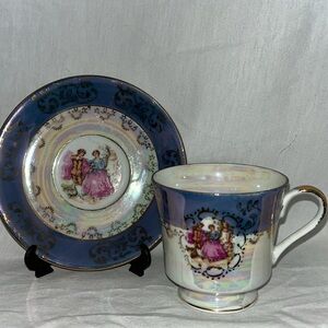 Vintage Enesco Japan Lusterware teacup saucer colonial couple gold designs
